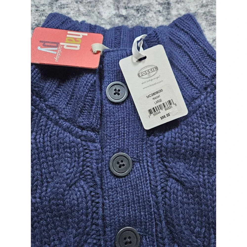 Fossil Blue Cable Knit Mock Button Neck Sweater Men’s Size Large NEW W Tags